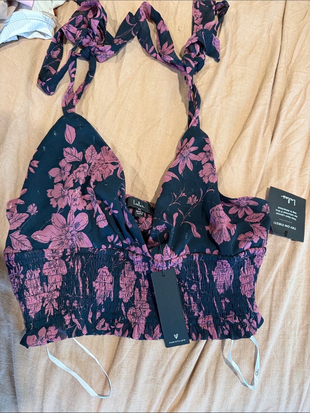 Lulu's Black and Pink Floral Smocked Crop Halter Top